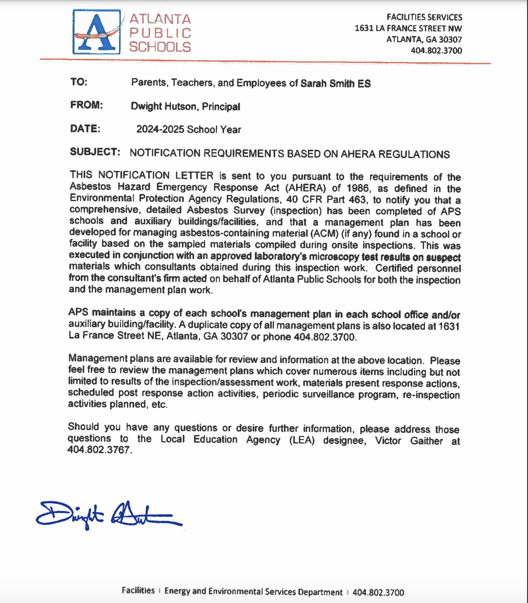 AHERA Regulations Letter